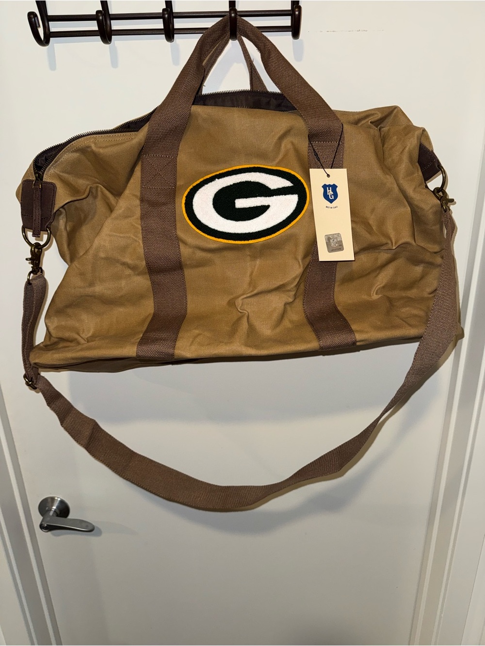 Canvas Weekender Duffel Bag with Team Patch - Brown